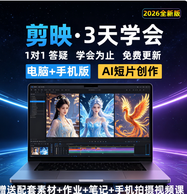 剪映教程2026电脑专业版手机剪影视频剪辑教程零基础即梦ai制作课